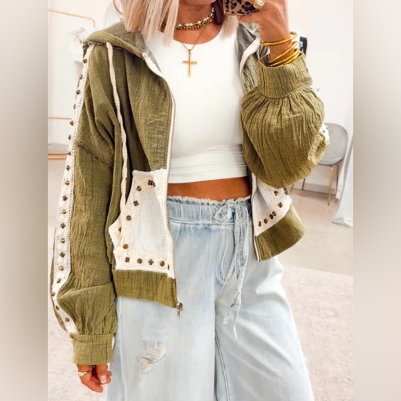 NWT POL Studded Contrast Textured Gauze Crochet Hooded Jacket Hoodie Olive - Picture 10 of 14